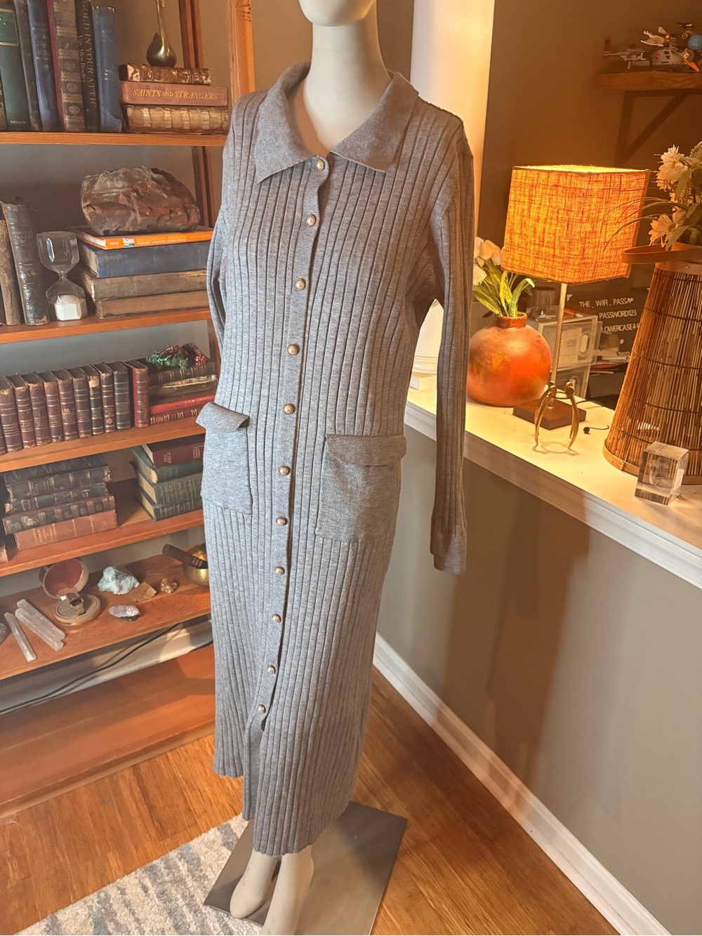 Nanette Lepore Gray Ribbed Button-Front Long Sleeve Knit Dress